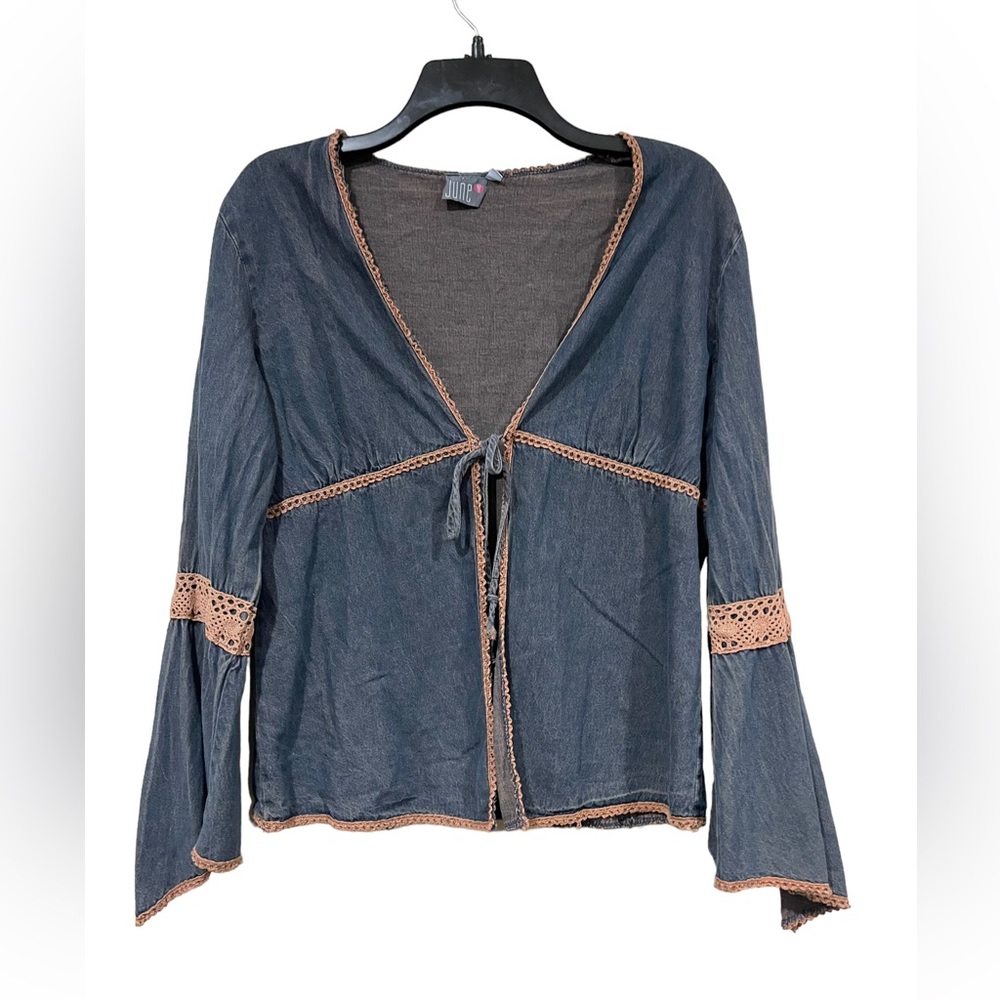 June Boho Denim Bell Sleeve Shirt Cardigan Brown Outline Size Large Hippie Top